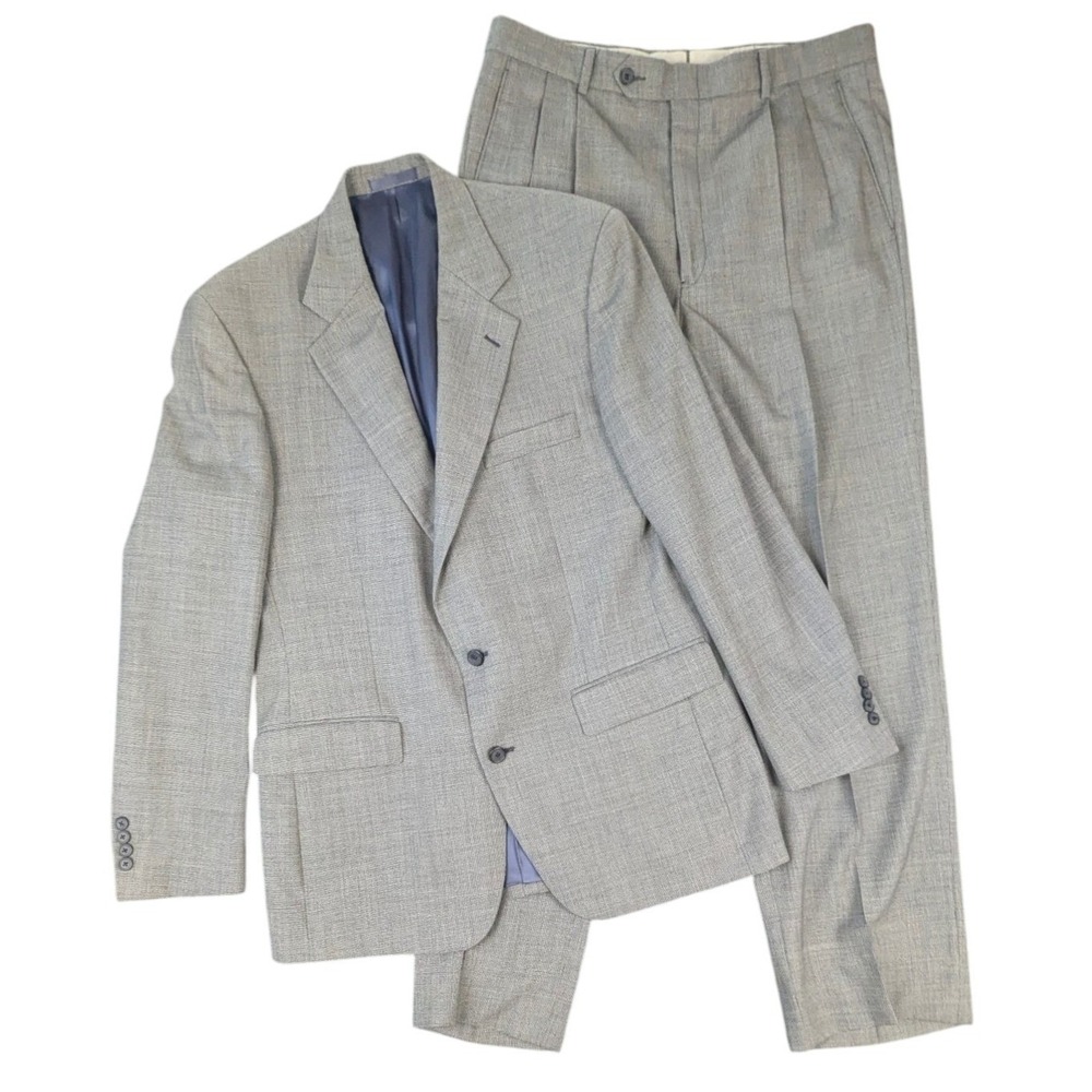 Mens Grey Micro Check 2 Piece Suit Blazer Pleated Trousers 34x27 Heritage Prep